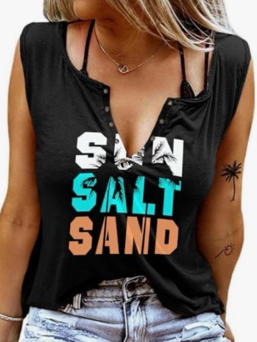 Sun Salt Sand Black Graphic Tank Top |Grommet T-Shirt |Faux Henley Eyelet V-neck